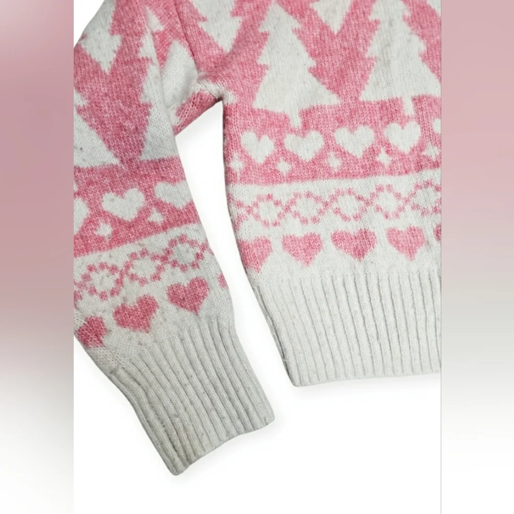 Jessica Simpson Winter Fuzzy Pink Christmas Tree Heart Cropped Half Zip Sweater - Picture 5 of 11